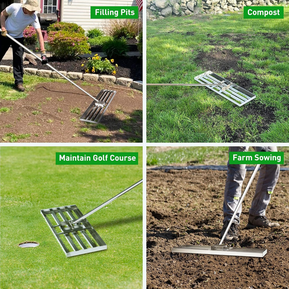 GreatBuddy Lawn Leveling Rake 30'' x 10", Heavy-Duty Stainless Steel Lawn Leveling Tool for Lawn, Soil, Sand, 78'' Extra Long Handle, Ideal for Yard, Garden