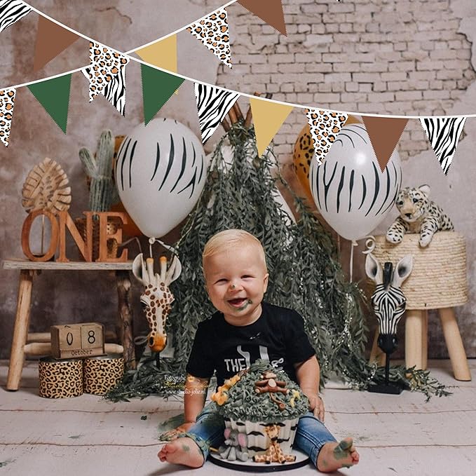 32Ft Jungle Safari Party Decorations Sage Green Brown Wild Animal Leopard Zebra Print Triangle Flag Fabric Banner Pennant Garland Streamers for Cheetah Birthday Baby Shower Party Decor Supplies