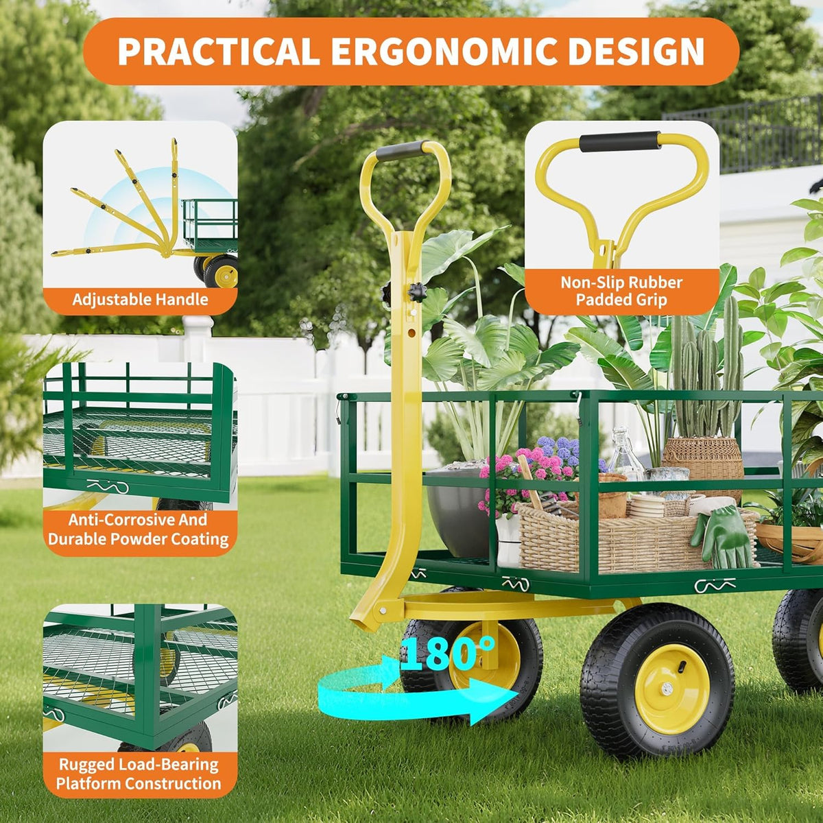 Metal Wagon - 1200lbs Garden Cart with 10" Multi-Terrain Tires, 4 Removable Mesh Sides & 180° Swivel Handle, Yard Wagon Cart for Lawn, Yard, Patio Gardening