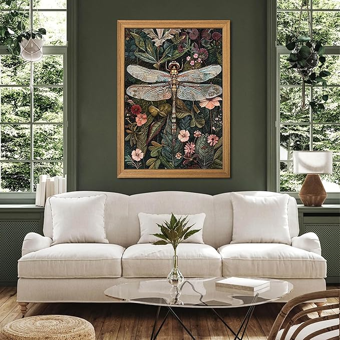 Framed Vintage 3D Textured Wall Art - Dark Green Dragonfly Flowers Wall Decor - Hand Drawn Sandstone Nature Botanical Pictures for Living Room Bedroom Home Decor 24x36in