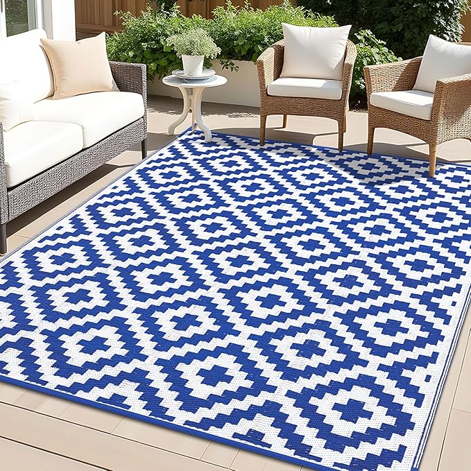 OLANLY Waterproof Outdoor Rug 6x9 ft, Outdoor Plastic Straw Rug for Camping, RV Mat Outside, Outdoor Carpet for Porch, Deck, Backyard, Balcony, Picnic, Blue & White