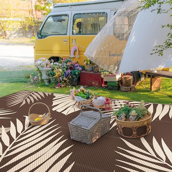 GENIMO Outdoor Rug 10' x 14' Waterproof for Patios Clearance, Reversible Outdoor Plastic Straw Camping Rug Carpet, Large Area Rugs Mats for RV, Camper, Deck, Balcony, Porch, Beach, Coffee&Beige