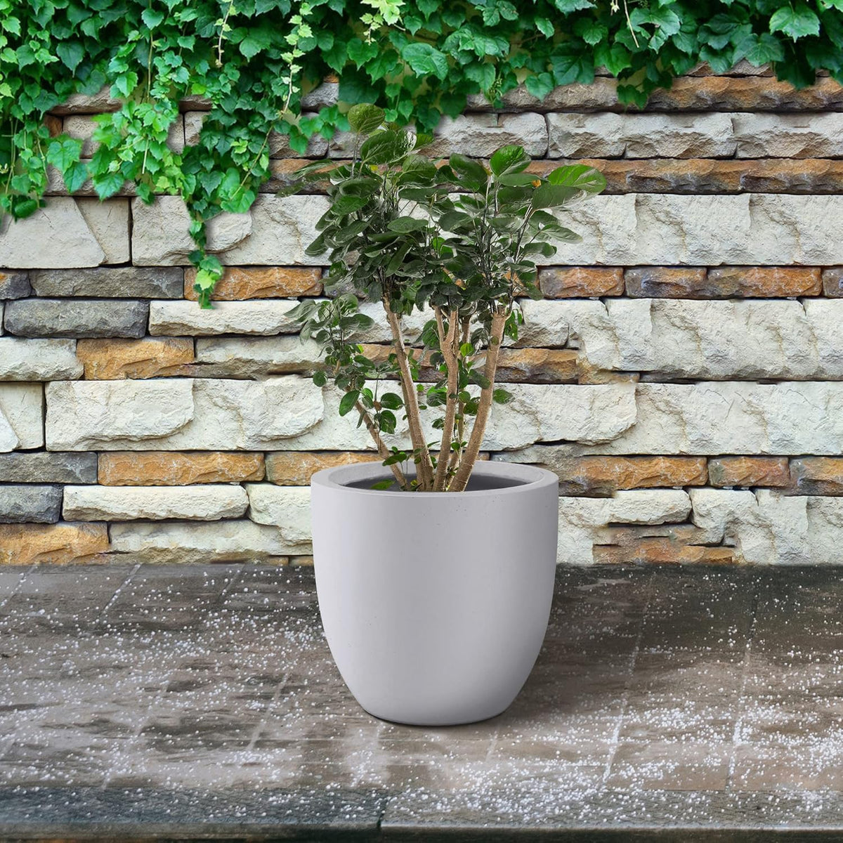 Kante 10 Inch Dia Round Concrete Planter, Indoor Outdoor Large Plant Pot with Drainage Hole and Rubber Plug for Home Patio Garden, Pure White