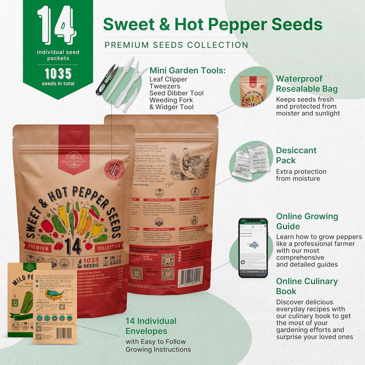 Organo Republic 14 Sweet & Hot Peppers Seeds Variety Pack - 1,030+ Non-GMO Heirloom Pepper Seeds for Outdoor and Indoor Home Gardening, Including Pepper Cayenne, Habanero, Jalapeno, Poblano, Serrano