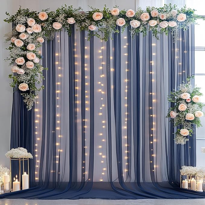 10×10ft Navy Blue Tulle Backdrop Curtain with Lights String for Parties, Sheer Photo Backdrop Curtains for Wedding Party Photography Background