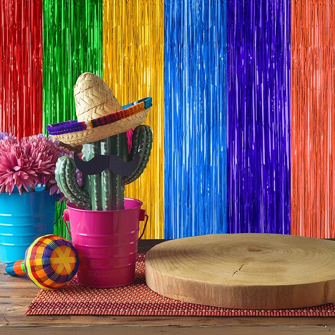 2 Pack Cinco De Mayo Decorations, 3.28 FT x 7.05 FT Fiesta Rainbow Backdrop, Mexican Style Fringe Curtains Tinsel Backdrop Party Streamer, Metallic Taco Party Decorations Mexican Decor