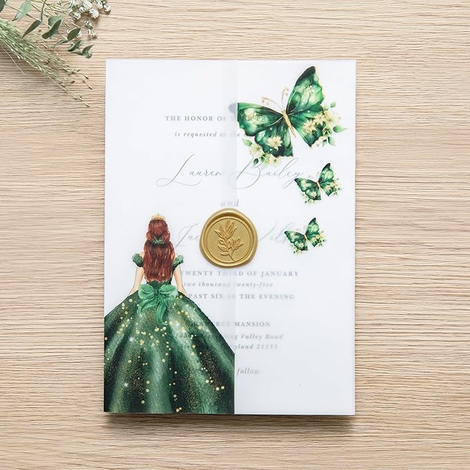 PONATIA 50 PCS Vellum Jackets for 5x7 Invitations - Vellum Paper 5x7 Jackets - 135GSM Emeral Green Girl - Butterfly Quinceanera Invitations Wraps (Emerald Green Girl)