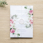 PONATIA 50 PCS Vellum Jackets for 5x7 Invitation Cards - Dusty Rose Flowers Vellum Sleeves, Transparent Gift Card Jackets