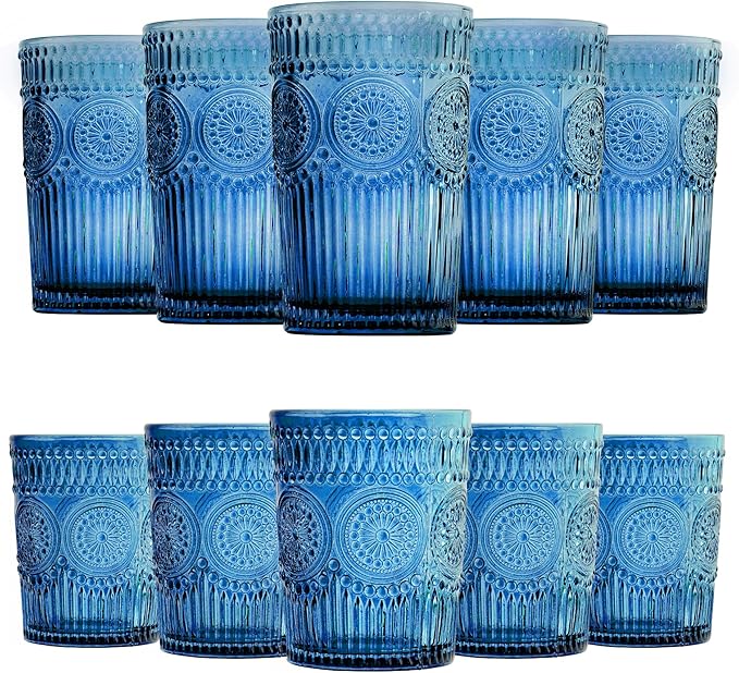 12pcs Vintage Drinking Glasses Set, 12 oz Highball Glasses & 9 oz Embossed Ribbed Glassware Cups for Cocktail, Water, Juice, Coffee, Whiskey (Blue)