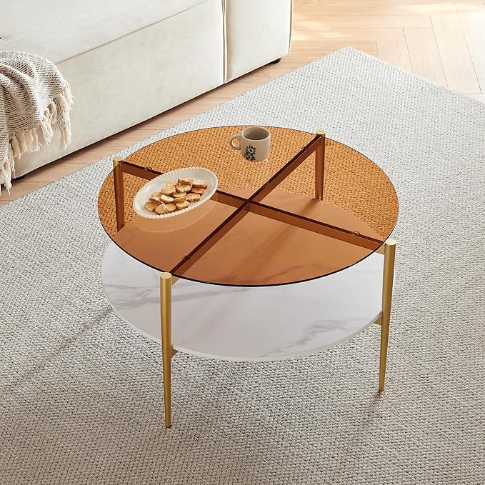Shrine Modern Coffee Table with Glass Top, Round Table for Living Room, Two-Tier 30-Inch White Wooden Storage Coffee Table, Gold Table Legs Structure & Brown Glass Top