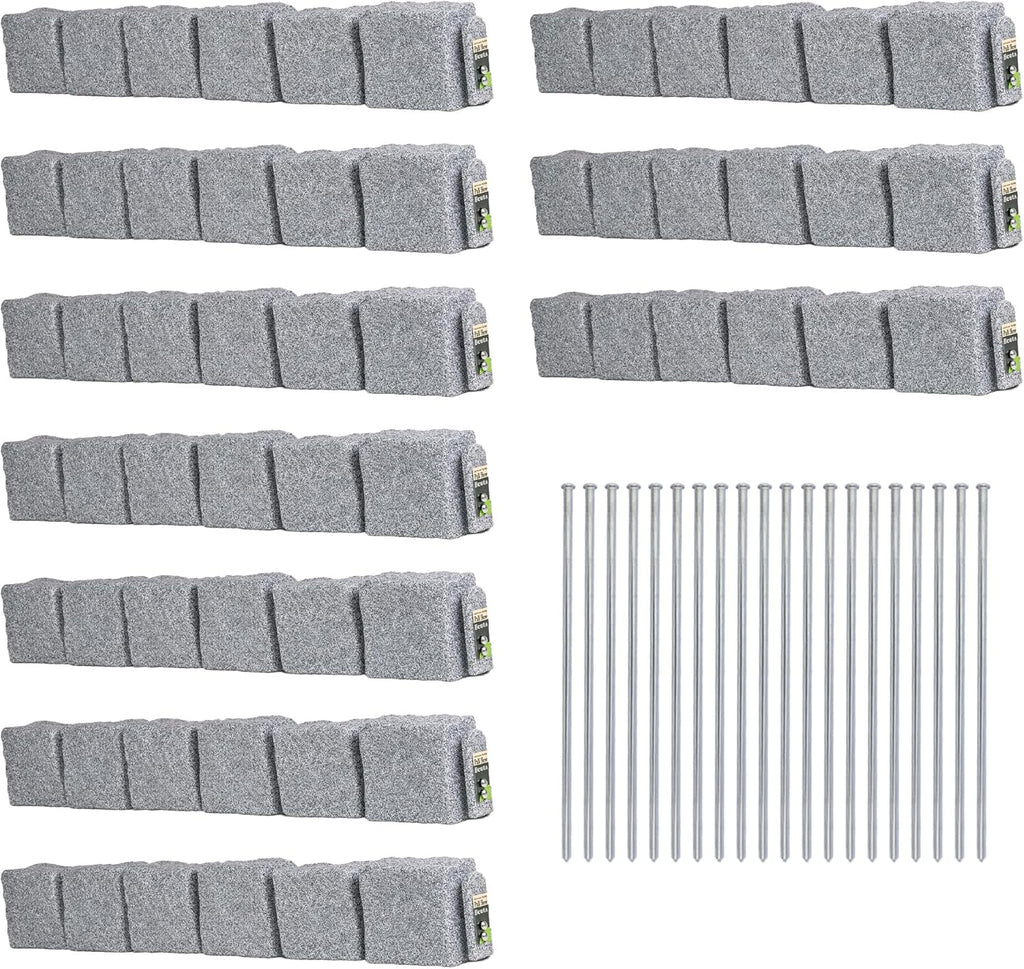 Beuta Landscape Edging | Garden Edging Border | Faux Stone Blocks for Lawn Edging, Flower Beds & Yard Edging – 10 Pack | Each Section Has 6 Blocks 48" L x 4" W x 6.5" H | 20 Spikes | Greystone