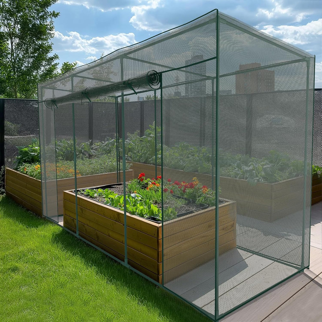 SUNYRISY Garden Plant Netting Crop Cage for Garden Raised Bed, 9.8 x 3.3 x 6 Ft Plant Cover Cage Protectors from Animal for Outdoor Plants with Frame and Zippered Door