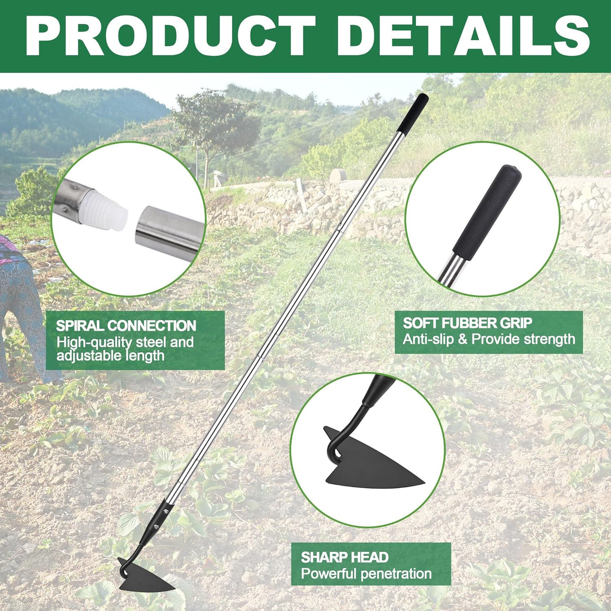 Warren Hoe, Carbon Steel Triangle Garden Hoe with Stainless Steel 57" Adjustable Long Handle, Heavy Duty Gardening Hand Tools Hoe for Ridging Weeding Digging Loosening Edging Soil, balck