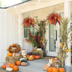 Hollyone Fall Hanging Baskets Small Artificial Fern Orange 21 Leaves Fall Hanging Decor Plant Boston Ferns Silk Plants with Brown Rattan Baskets Outdoors Indoor Fake Fern Autumn Decorations for Home