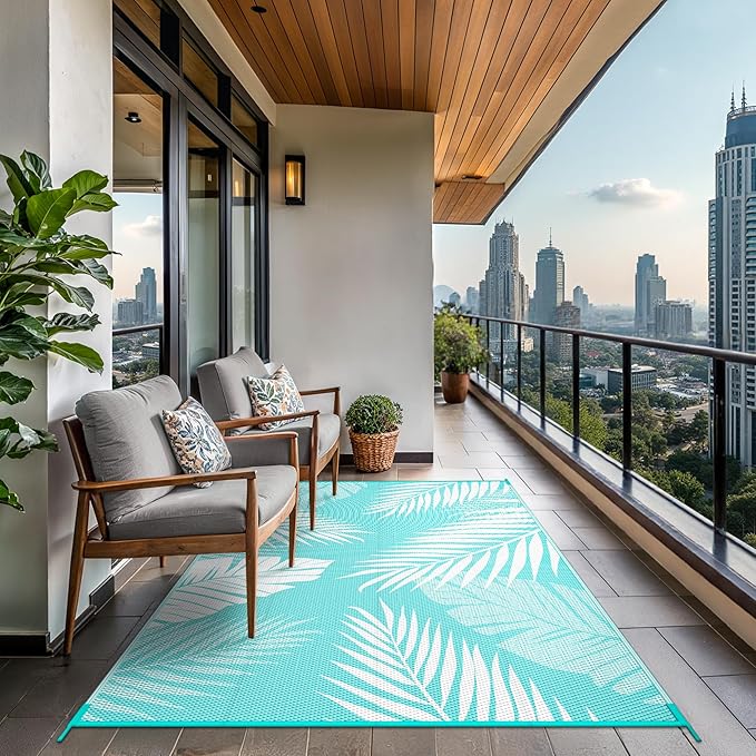 GENIMO Outdoor Rug 8' x 10' Waterproof for Patios Clearance, Reversible Outdoor Plastic Straw Camping Rug Carpet, Large Area Rugs Mats for RV, Camper, Deck, Balcony, Porch, Beach, Aqua Blue&White