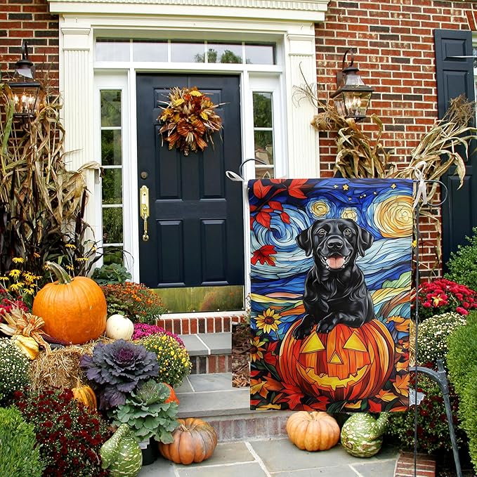 Stained Glass Black Lab Fall Garden Flag Halloween Pumpkin Yard Signs Autumn Sunflower Thanksgiving Banner for Outside 12x18 Double Sided Small Labrador Dog Outdoor Decorative
