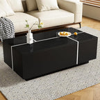 Modern High Gloss Coffee Table with Hidden Storage Space, 47.2-Inch Wooden Extending Top Center Table with Drawers for Living Room, Black