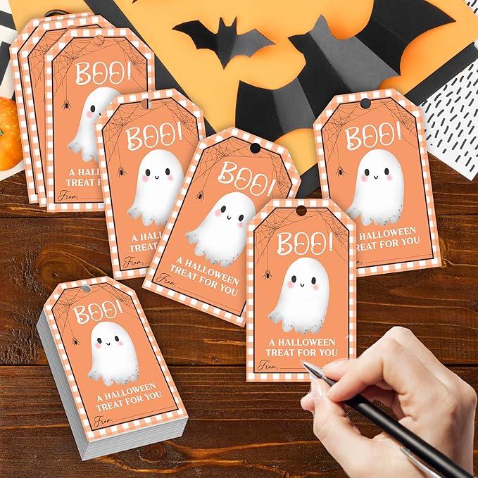 50 Pcs Halloween Tags with String, 2.1"×3.5" Boo Paper Gifts Tags, Ghost Trick or Treat for Candy, Halloween Gifts Tag Wrap for Party Favor - B08