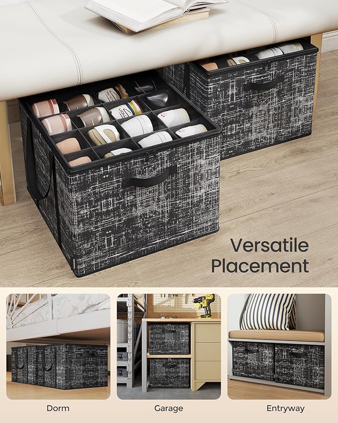 SONGMICS Shoe Organizer for Closet, Fits 16 Pairs, Shoe Storage Bin, Fabric Container with Handles and Clear Cover, for Bedroom, Entryway, Closet, Ink Black ULSP601B01