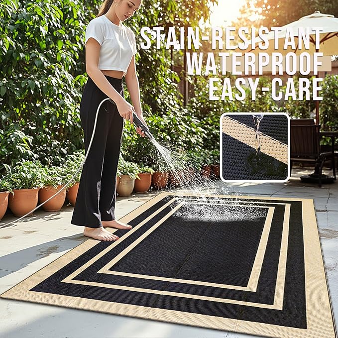 OLANLY Outdoor Rug 5x8 ft Waterproof, Reversible Outdoor Plastic Straw Rug, RV Mat, Indoor Outdoor Carpet Clearance for Patio, Camping, Balcony, Deck, Backyard, Black & Beige