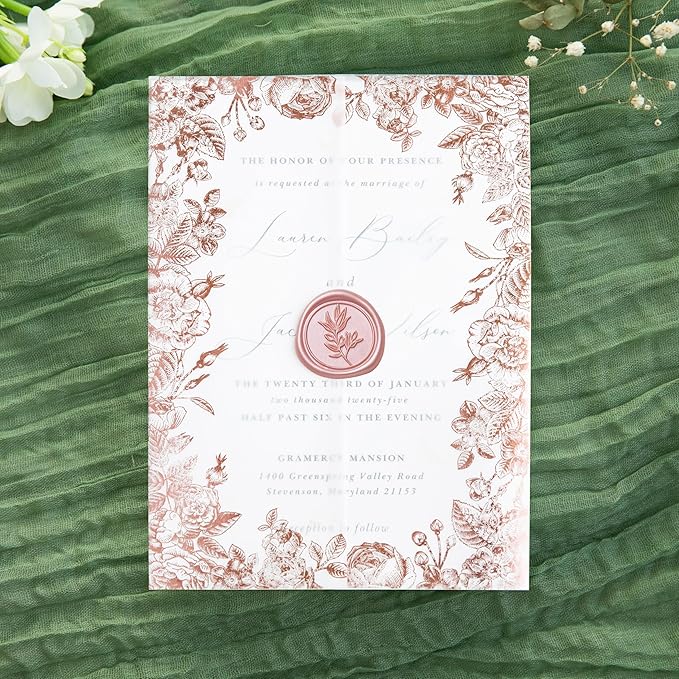 PONATIA 50 PCS Vellum Jackets for 5x7 Wedding Invitation Cards- 135gsm Floral Printed Vellum Sleeves, Invitation Cards Wraps (Rose Gold Foil)