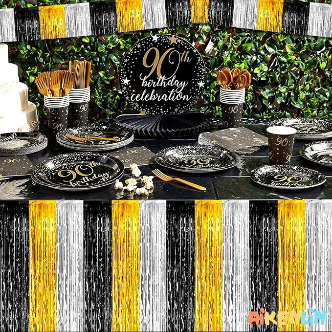 10 Pack 10 Feet Foil Fringe Garland Metallic Tinsel Streamers Banner Wall Hanging Backdrop for Parade Floats, Notorious One Birthday Roaring 20s Graduation Party Decorations(Black Gold Silver)