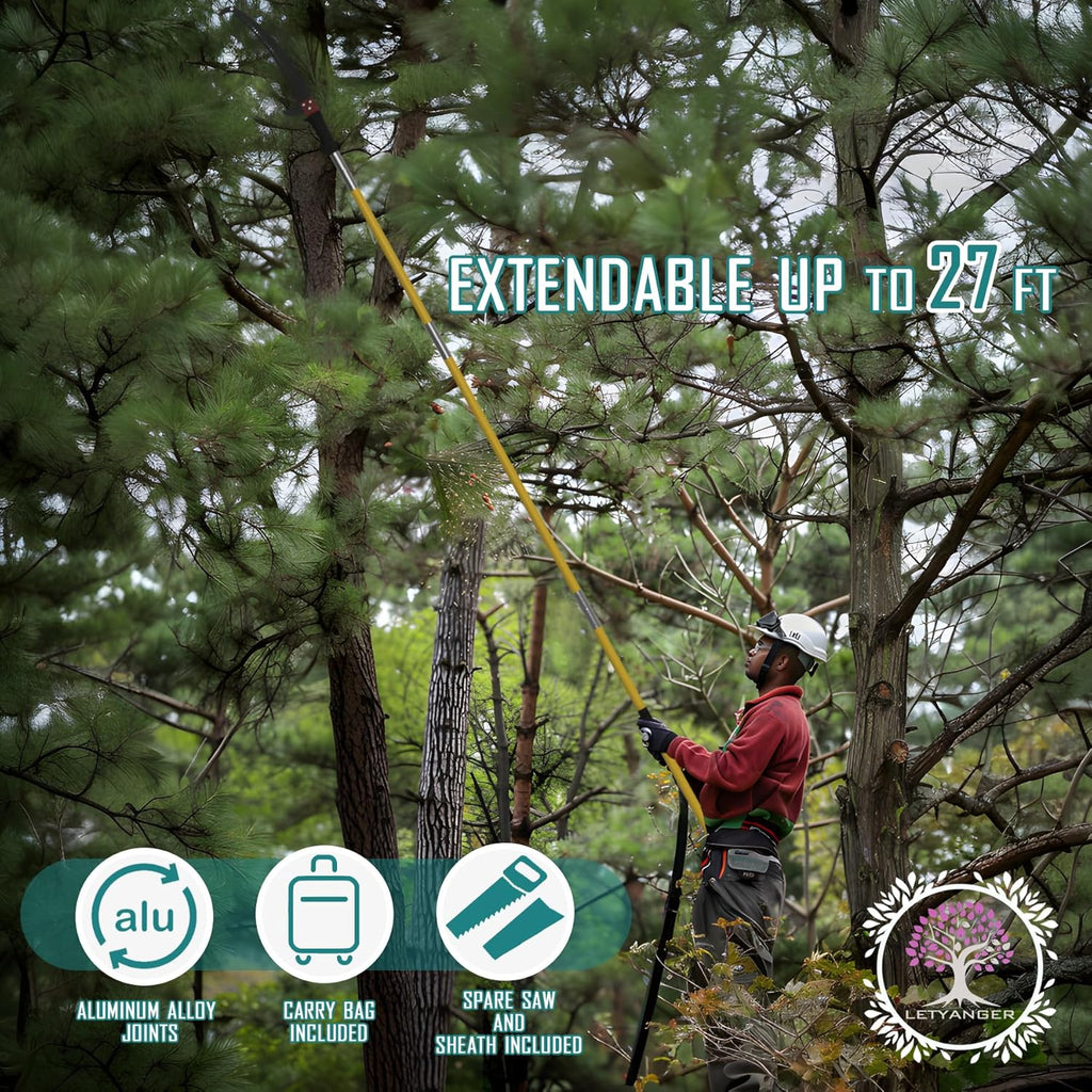 Pole Saws for Tree Trimming, 7.3-27 ft Extendable Tree Trimmers Long Handle Pruner, Sharp Steel Blade and Scissors High Branches Trimming, Tree Pruner, Tree Saw (7.3-27 ft with Scissors)