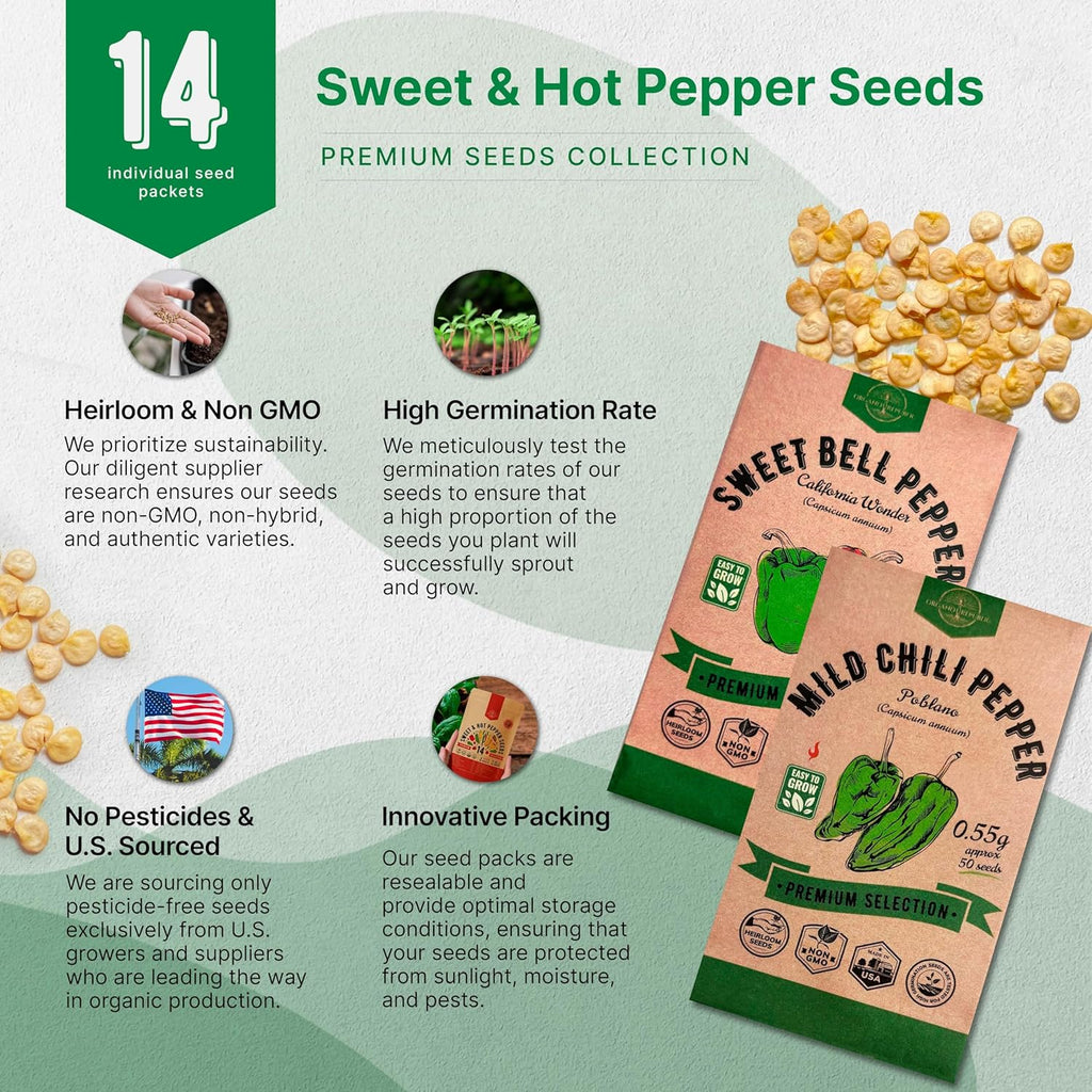 Organo Republic 14 Sweet & Hot Peppers Seeds Variety Pack - 1,030+ Non-GMO Heirloom Pepper Seeds for Outdoor and Indoor Home Gardening, Including Pepper Cayenne, Habanero, Jalapeno, Poblano, Serrano