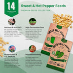 Organo Republic 14 Sweet & Hot Peppers Seeds Variety Pack - 1,030+ Non-GMO Heirloom Pepper Seeds for Outdoor and Indoor Home Gardening, Including Pepper Cayenne, Habanero, Jalapeno, Poblano, Serrano