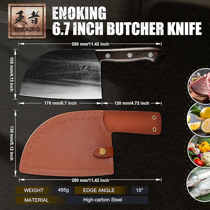 ENOKING Butcher Knife for Meat Cutting, 6.6 Inch HandForged Meat Cleaver Knife Heavy Duty Bone Chopper, High Manganese Steel Serbian Chef Knife with Leather Sheath and Full Tang Handle (Brown Handle)
