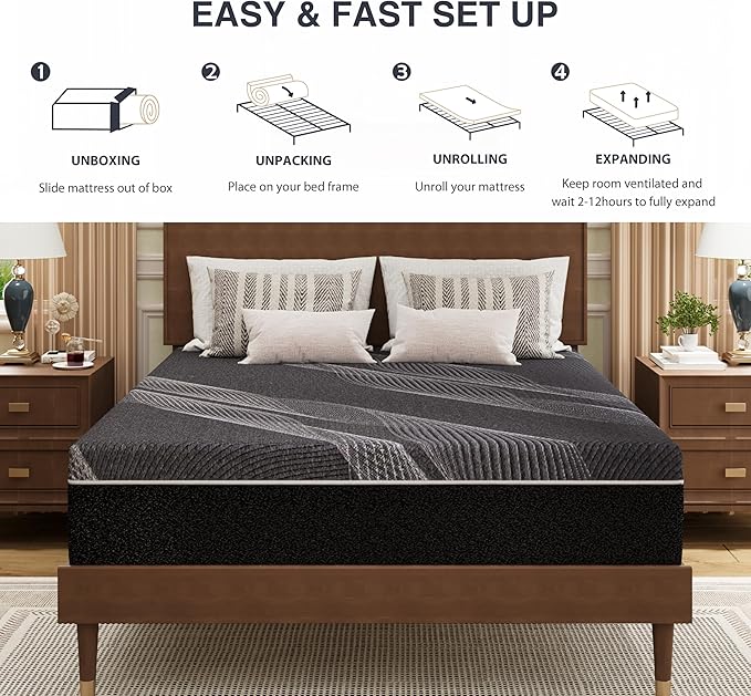 Queen Mattress 12 Inch Charcoal Memory Foam in a Box, CertiPUR-US Certified, Fiberglass Free, Gel Double Mattress, Made in The USA of US Foam, 80" × 60" × 12", Medium