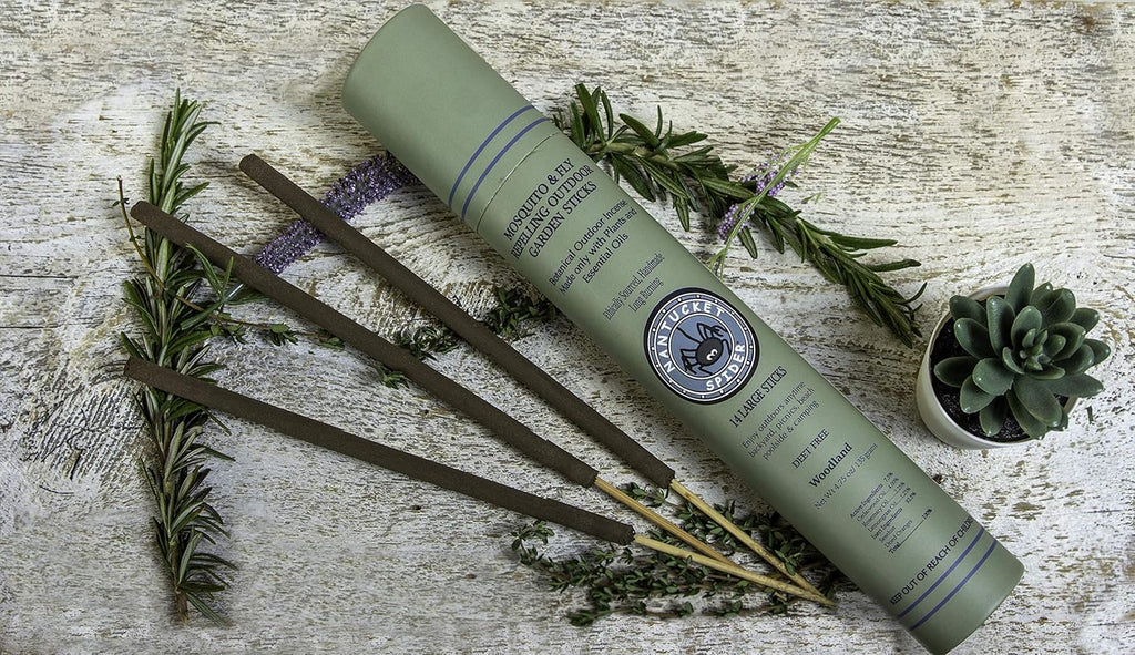 Nantucket Spider Mosquito Repellent Sticks 14 Pack and Holder | Repels Mosquitoes & Flies | Slate Block Holder | Outdoor Garden Natural Essential Oil Incense | Woodland Scent