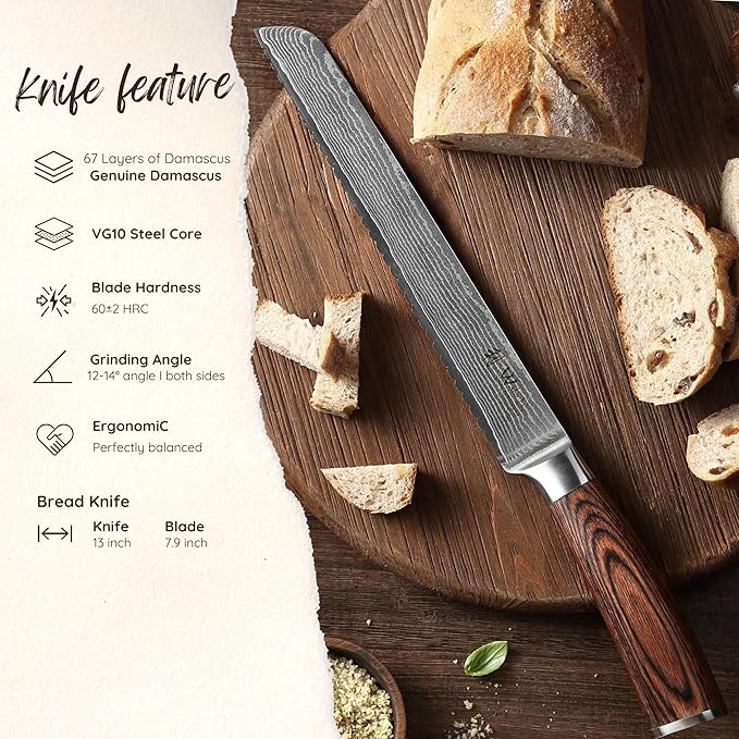 Wakoli Bread Knife, 7.9-inch Blade Damascus Chef Knife made from 67 Layers of Damascus Steel with VG10 Core, Sharp Kitchen Knives with Pakkawood Handle, Chefs Knife for Breads in Gift Box (EDIB)