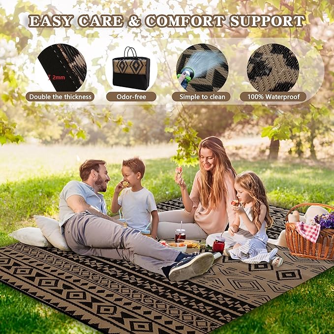 Wallona Outdoor Rugs 9x12 ft Patio Waterproof Clearance Indoor Outdoor Large Carpet for Patio Plastic Straw Reversible Area Rugs Mat for RV, Camping, Balcony, Beach, Picnic, Porch, Boho Black & Brown