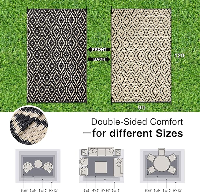 OLANLY Outdoor Rug 9x12 ft Waterproof, Outdoor Plastic Straw Rug with Geometric Pattern Clearance, Reversible RV Mat for Patio, Camping, Balcony, Deck, Backyard, Black & Beige