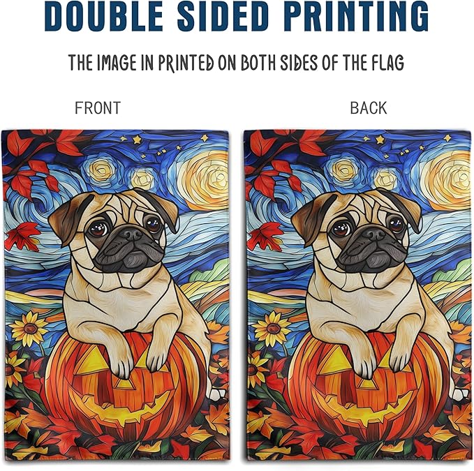Stained Glass Pug Fall Garden Flag Halloween Pumpkin Yard Signs Autumn Sunflower Thanksgiving Banner for Outside 12x18 Double Sided Small Dog Outdoor Decorative