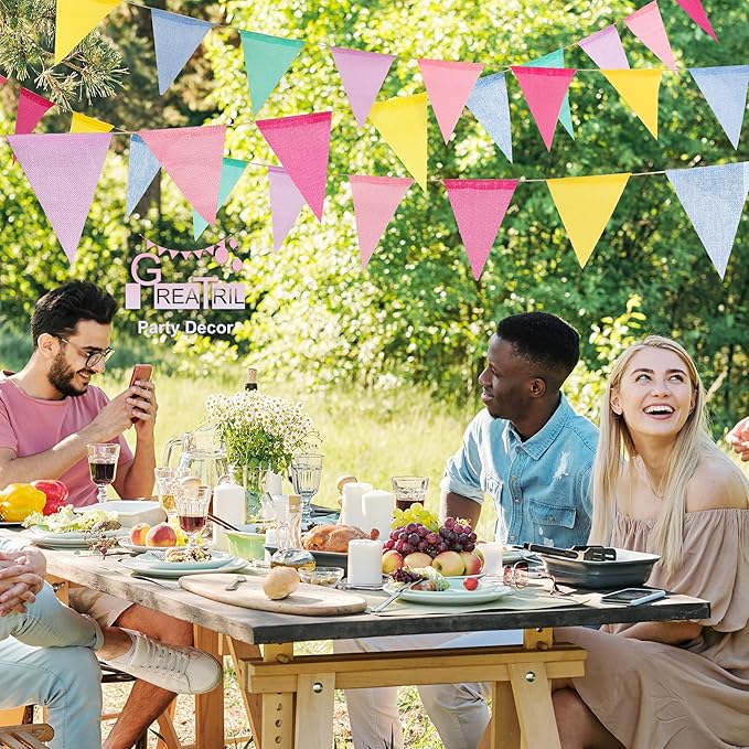 Pennant Banner Flags Pastel - GREATRIL Colorful Triangle Banners for Birthday Easter Classroom School Carnival Garland Outdoor Burlap Bunting Party Decorations 4 Strings