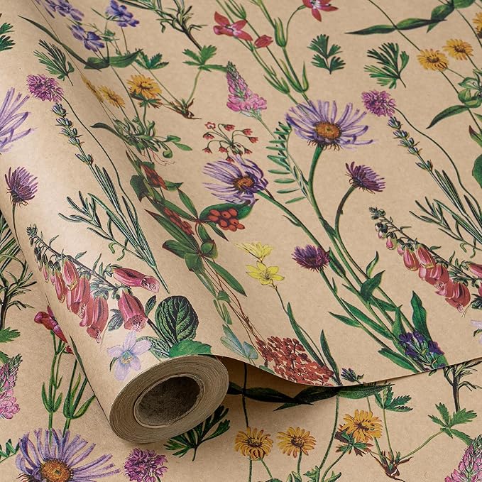 RUSPEPA Wildflower Floral Wrapping Paper Roll for Women, 17 Inches x 9.8 Feet, Mini Roll, Herbal Kraft Wrapping Paper for Christian Gifts, Birthdays, Weddings, Bridal Shower and Engagement