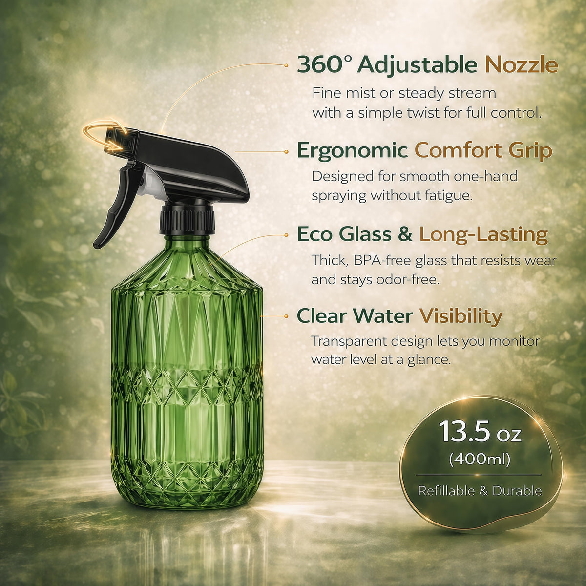 Amzgo 2 Pack Small Watering Can for Indoor Plants, 20 oz Metal Plant Watering Can with Long Spout for House Plants, 13.5 oz Glass Plant Mister Spray Bottle for Bonsai Garden Flowers Decorative