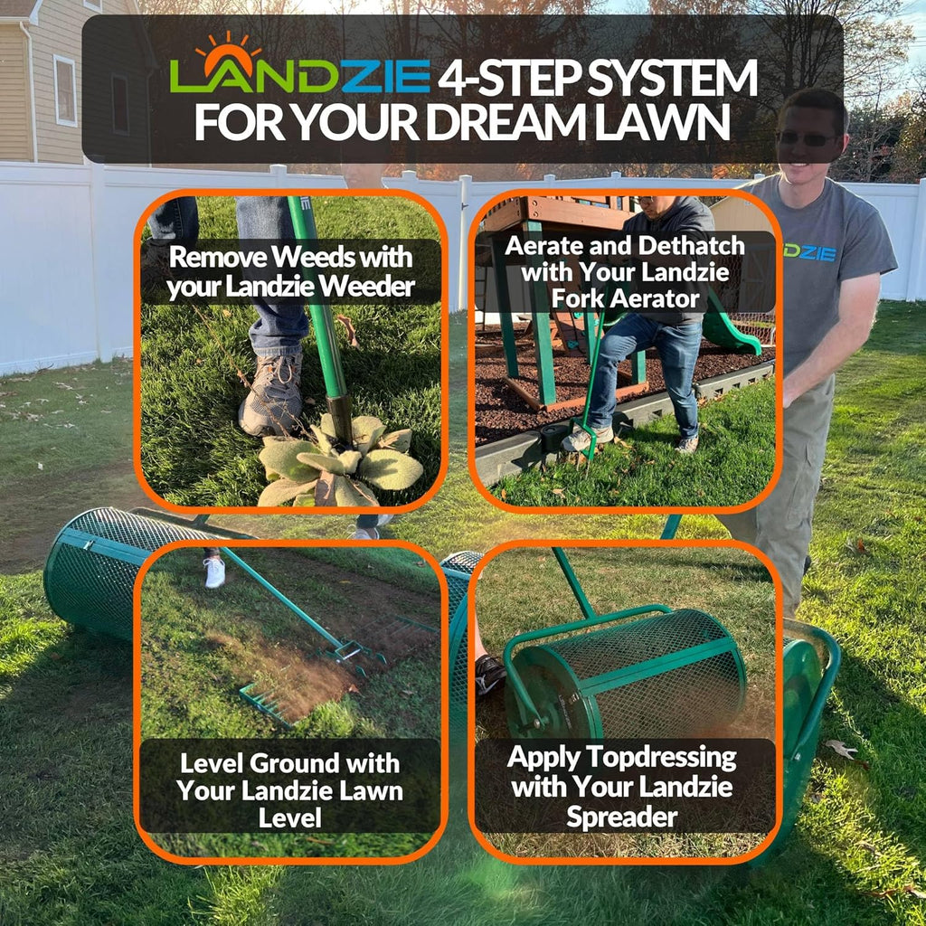 LANDZIE Lawn & Garden Spreaders - 44 Inch Heavy Duty Metal Mesh Basket Push/Tow Spreader - Compost, Peat Moss, Top Soil, Mulch - Durable Lightweight Multi-Purpose Yard Care Equipment - Manure Spreader