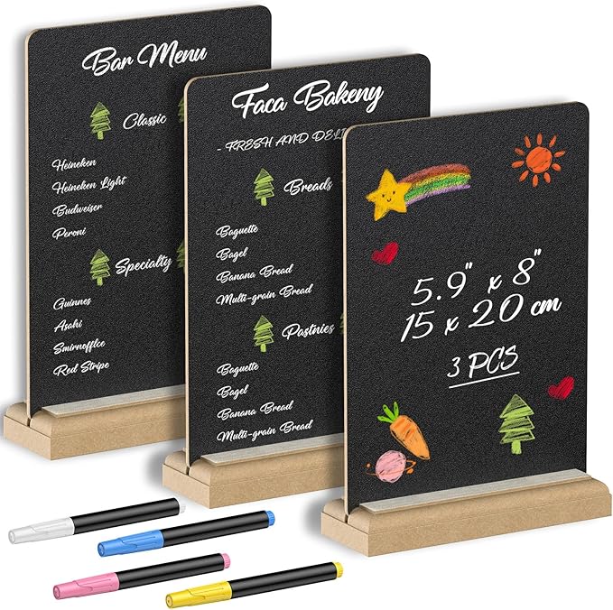 Uniclife 3 Pack Small Chalkboard Sign with Stand & Chalk Markers Double-Sided Wooden Chalk Board Sign for Tables Reusable Message Board Menu Board for Wedding Party Restaurant Food Display