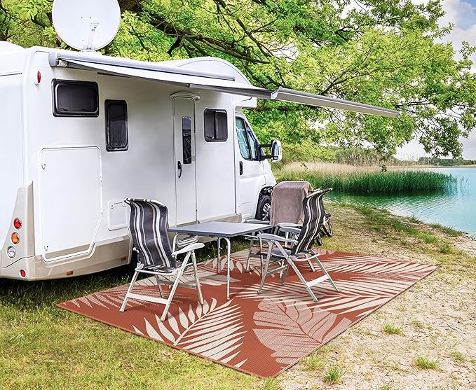 GENIMO Outdoor Rug 6' x 9' Waterproof for Patios Clearance, Reversible Plastic Straw Camping Carpet, Large Area Rugs Mats for RV, Picnic, Backyard, Deck, Balcony, Porch, Beach, Brick&Red