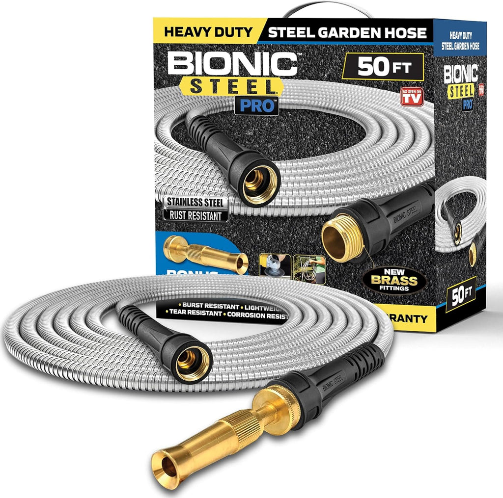 BIONIC STEEL PRO Metal Garden Hose 50 Ft with Nozzle, 304 Stainless Steel Water Hose, 50 Ft Garden Hose Tough & Flexible, Lightweight, Crush Resistant, Kink & Tangle Free, Rust Proof - 2025 Model