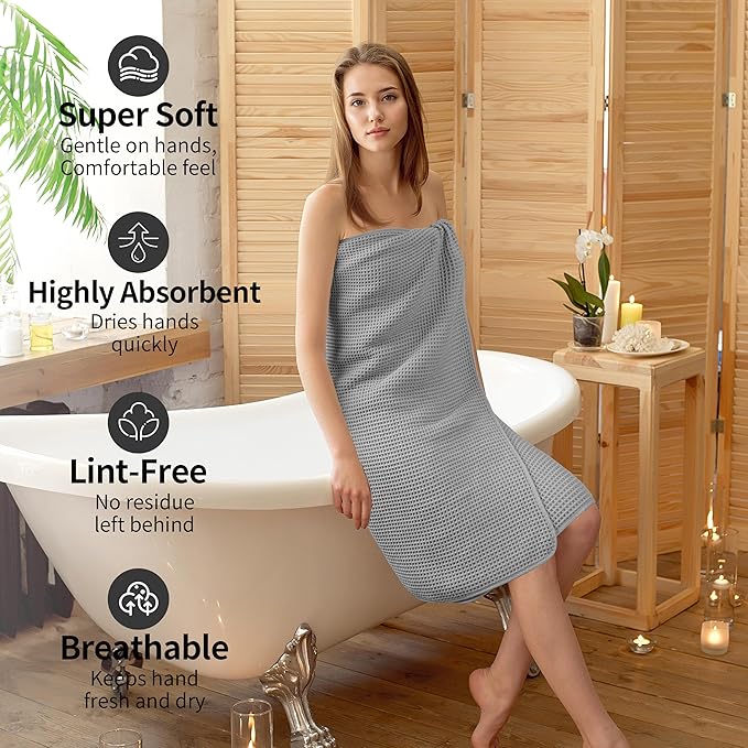 New Microfiber Waffle Bath Towels, 2 Pieces, Oversized, Soft, Absorbent, Fast Drying, Lint Free (Silver)