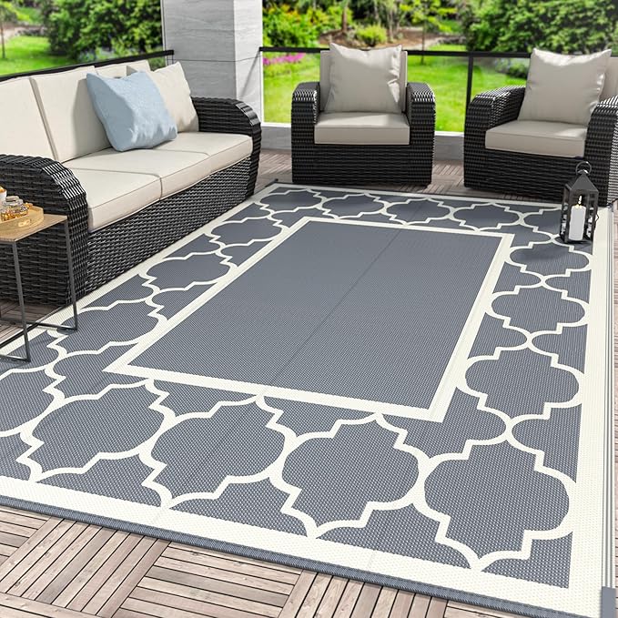 GENIMO 5 ' x 8 ' Outdoor Rug for Patio, Waterproof Indoor Outdoor Plastic Straw Rugs Carpet, Reversible Outside Area Mat for Camping, Balcony Porch, Deck, Picnic, Beach Grey & Beige White