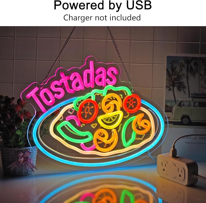 CNBEYOUNG Tostadas Neon Sign, Neon Lights Hanging Wall Art Decoration for Mexican Restaurant Diner Cafés Kitchen Celebration Home Decor, USB Powered Ultra Bright Dimmable,14.96×11.02inches
