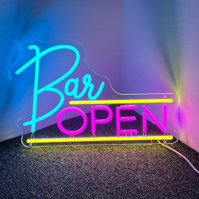 Open Bar Neon Sign Lights USB (16x10.7'') Neon Sign and Decor Led Light, Neon Signs For Man Cave Bar accessories (16x10.7'', Pink and Ice Blue)