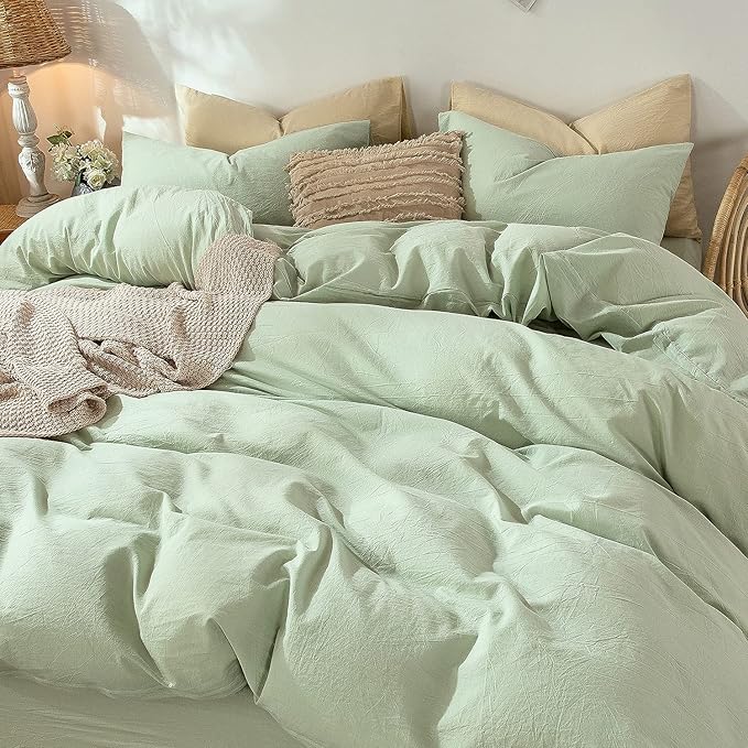 MooMee Bedding Duvet Cover Set 100% Washed Cotton Linen Like Textured Breathable Durable Soft Comfy (Heathered Seaglass Green, Cal King 104"x98")