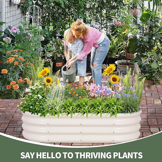 1MORE Galvanized Raised Garden Bed- Planter Garden Boxes Outdoor, Raised Beds for Gardening, 4x2x1ft Metal Garden Bed Kit for Vegetables Flower, Planter Raised Beds with Protective Tape & Tools.White