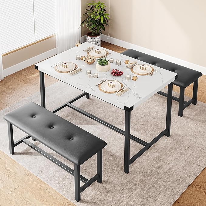 Dining Table Set for 4, Dining Room Table Set with 2 Upholstered Benches, Small Kitchen Table Set, 3 Piece Farmhouse Rectangular Dining Room Table Set, Space Saving Dining Table for Apartment